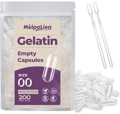 Capsule Vuote per Medicinali Taglia 00-200 capsule gelatina vuote, rapida risoluzione, confezione piccola, halal, non OGM, senza glutine, compatibile con riempitivo capsule, ideale per fai da te
