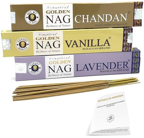 Mamami - Golden Nag Incensi - Set 3 Confezioni x 15 gr - Lavanda - Vanilla - Chandan - Incenso Bastoncini Naturali - Per Meditazione, Yoga, Rilassamento - Con manuale esclusivo Mamami™