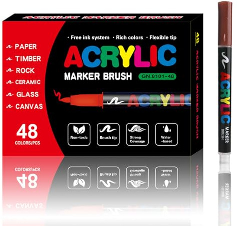 Odoukey 48 colores Juego de pintura acrílica, punta de cepillo suave Marcadores de pintura acrílica para, tela, madera, cerámica, piedra, vidrio, lienzo