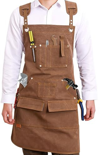 YFNVH Tablier de Travail en Toile Cirée 16 oz, 12 Poches, 63 x 75 cm | Tablier Robuste avec Bretelles Ajustables pour Menuiserie, Bricolage, Atelier, Jardinage, BBQ, Cuisine et Garage