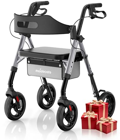 Andador para Ancianos con Asiento Plegable, Manillar y Asiento Regulables en Altura, Caminadores para Mayores, Ayuda para Caminar Ligera con Freno, Ruedas 8 Todoterreno, Plata Estelar