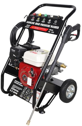 Idropulitrice a benzina, autoadescante, per terrazze, pressione di lavoro 190 bar, 5 ugelli e tubo per aspirare l'acqua, idropulitrice professionale con motore a benzina a 4 tempi da 7,5 CV e ruote