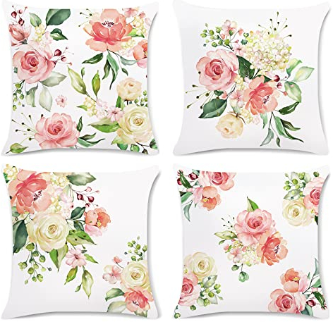 Bonhause 4er Set Kissenbezüge Blumen Pfingstrosen Rosa 45 x 45 cm Dekorative Kissenhülle Zierkissenbezüge für Sofa Schlafzimmer Wohnzimmer Auto Zuhause Dekoration