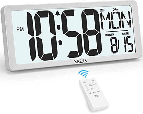 XREXS Digital Wall Clock with Backlight (Not Constantly Illuminated), 14.17 Inch Large Wall Clock with Remote Control, Count Down Timer, Battery Operated Digital Clock with Temperature, Date&Week