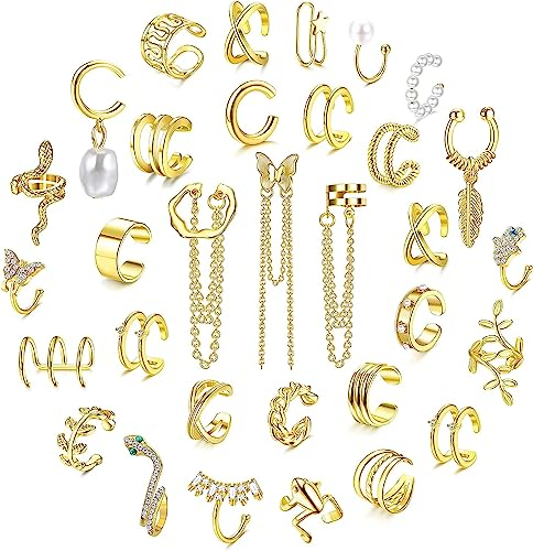 Diamday 32Stück Ear Cuff Set Ohrmanschette Ohrringe Clip auf Wickelohrring Nicht Piercing Knorpel Manschette Kette Ohrringe Ohrklemme für Damen Einstellbar Schlange Schmetterling Ohr Cuffs Gold