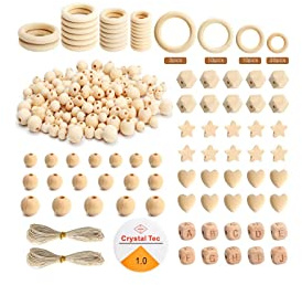 UMILKI Juego de 307 Cuentas y Anillos de Madera, Aros de Madera, Bolas Madera Naturales Perforadas, Cuentas de Madera Redondas/Octogonales/Con Forma de Letra/Corazón con Cordones de Manualidades DIY