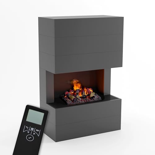 GLOW FIRE Wasserdampf Kamin TUCHOLSKY (Standkamin) - Elektrokamin mit realistischen LED 3D-Flammen, Knistereffekt & Fernbedienung, 90x140x45 cm - Opti-Myst 500 Elektro Kamin mit Holz-Deko, Grau