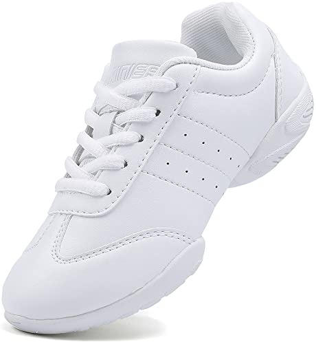 BAXINIER Girls White Cheerleading Dance Shoes Athletic Training Tennis Breathable Youth Competition Cheer Sneakers - White 9 Toddler