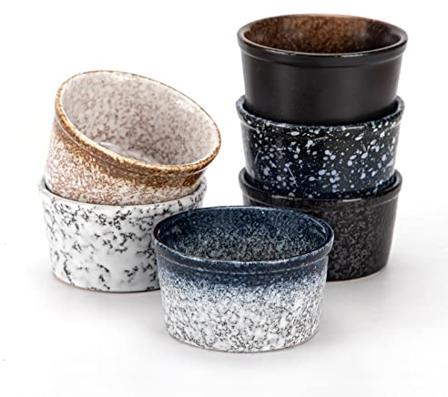 PARMEDU Auflauf- & Souffléförmchen-Set aus Keramik: 6 Porzellanschalen 180ml im Zen-Stil, Spülmaschinenfeste und Ofenfeste Tassen/Schüsseln für Puddings, Brûlées, Soufflés, Eis, Dip-Saucen, Snacks
