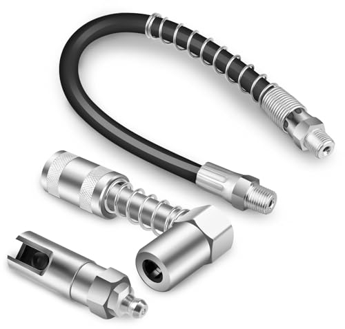 LWMTT 3 Stück Adapter für Fettpresse mit 30 cm Federbelasteten Schlauch, Rechtwinklige Fettkupplung und Fettkupplung 90 Grad Passt auf die Meisten Manuellen Fettpresse