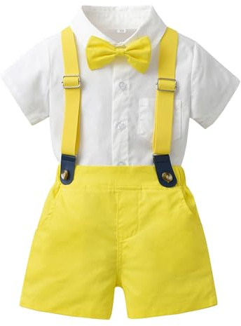 Yimutian Completini e Coordinati Gentiluomo per Bambino Battesimo,Pantaloncini con Bretelle + Camicia e Papillon Cerimonia Nozze Elegante Suit per Bambini e Ragazzi Giallo Fluorescente 6-12 mesi