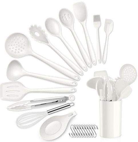 HaWare Silicone Kitchen Utensils Set, 13 Piece White Cooking Utensils Set with Holder, Heat Resistant Kitchen Tools Include Turner Spatula Spoon, Non-Stick Cookware Friendly & Dishwasher Safe