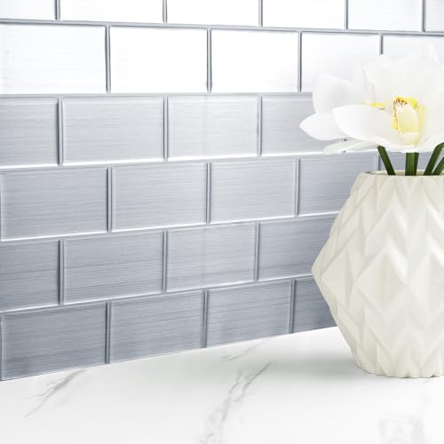 Livelynine 16-Tiles Peel and Stick Metal Backsplash Tiles 12x12 Silver Stainless Steel Back Splash Protector for Kitchen Wall Behind Stove Decorative Metal Sheet PVC Adhesive Renter Friendly Metallic