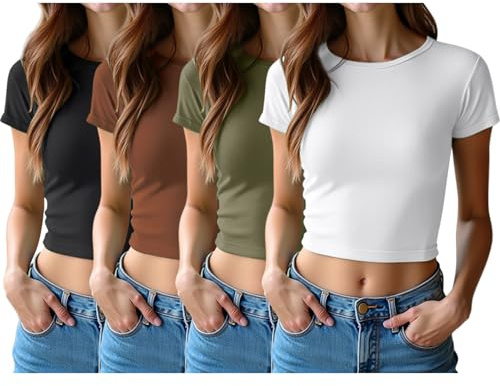 4 Pack Women’s Short Sleeve Tops Cotton Basic Crew Neck Crop Top Cute Trendy Casual Workout T Shirts