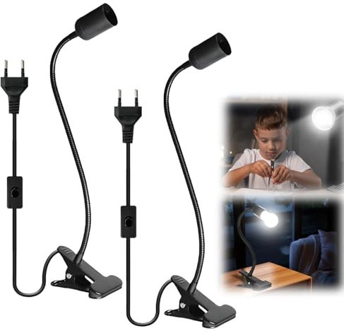 Behogan 2 pezzi lampada a morsetto, portalampada a LED E27, lampada a morsetto regolabile a 360°, lampada a morsetto con collo di cigno flessibile e interruttore, lampada da lettura a LED per lettura,