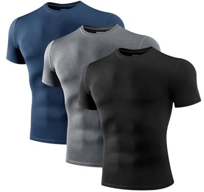 Niksa Compression Shirt Men, 3 Packs Short Sleeve Gym T Shirts Men's Muscle Fit T-Shirt Breathable Active Wear T Shirt Base Layers Quick Dry Tops for Running Cycling Sports, Black Grey Navy Blue, M