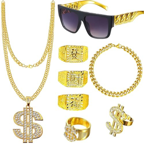 DONGZQAN 8Pcs Hip Hop Party Decorations, Fake Gold Chain, Gold Chain Dollar, 90s Fancy Dress Men, Hip Hop Costume, Hip Hop Ring, Hippie Glasses for Hippie Rapper Disco Outfit