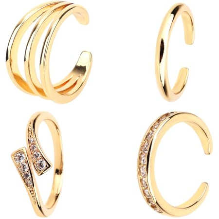 Mikovivi 4uds Anillos para los Dedos del Pie para Mujer, Set de Anillos Abiertos Ajustables los Dedos Pies Minimalista Triple CZ de Cristales Banda Estilo Abrazo Joyería Verano (Oro)