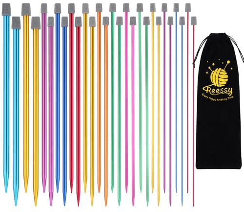 Reessy Coloured Knitting Needles Set-25cm Long, 28 Pcs/14 Pirs 2 mm-10 mm Aluminium Single Pointed Needle, Long Knitting Needles, Straight Metal Knitting Needle with Soft Storage Case for Beginners