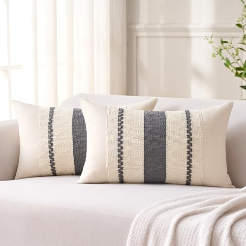 Aisybaklyn Boho Funda Cojin Gris 30x50 cm Moderno Raya Cojín Sofa Algodón Lino Raya Textura Tejida Fundas Cojines 2 Piezas para Bohemia Campo Decoracion Sala de Estar Sofás Dormitorio
