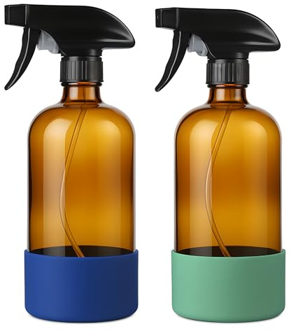 Vitachy Pack 2 Pulverizadores Vidrio Ámbar 500ml con Base de Silicona, Botellas Spray de Cristal para Limpieza, Plantas y Aceites Esenciales, Incluye Etiquetas y Rotulador (Azul y Eucalipto)