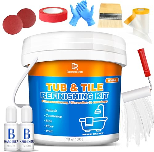 Vernice per vasca da bagno bianca 1000g, vernice per piastrelle, piastrelle da bagno, set per rinnovamento vasca da bagno per lavandini, da bagno resistente all'acqua e antigraffio con attrezzi