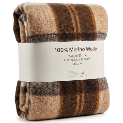 Wool & Home Merino Wolldecke 160x200 cm – Kuscheldecke aus 100% Merinowolle, Muster Karo – Gewicht 500 g/m² – Atmungsaktiv und Langlebig