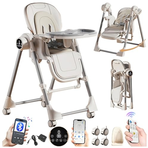 Magic ZC Electric Bluetooth Smart PU Leather Baby High Chair Foldable Toddler Feeding Dining Chair with Adjustable Heights and Positions, Detachable Double Trays and Wheels (E8121 White)