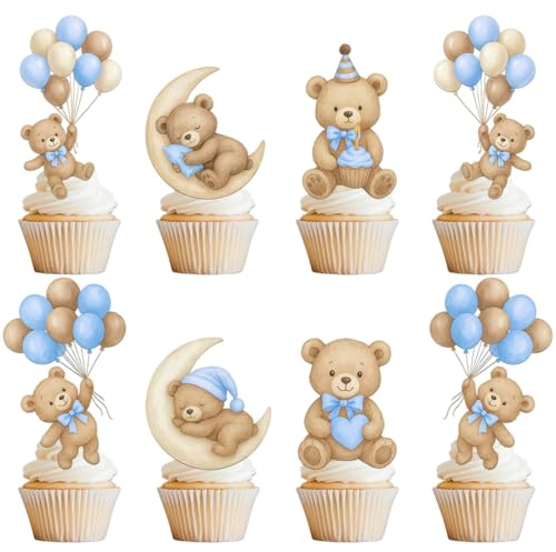 Ceriselle 36 delar babyparty dekorationsset blå björn cupcake topper för babyshower könsavslöjande dekorationer
