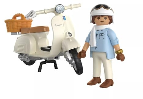 Playmobil | Bilar | 80 år Vespa: Klassisk stil | Krämfärgad årsdag Vespa med förare, korg och klistermärkesark | För barn från 5 år | 72283