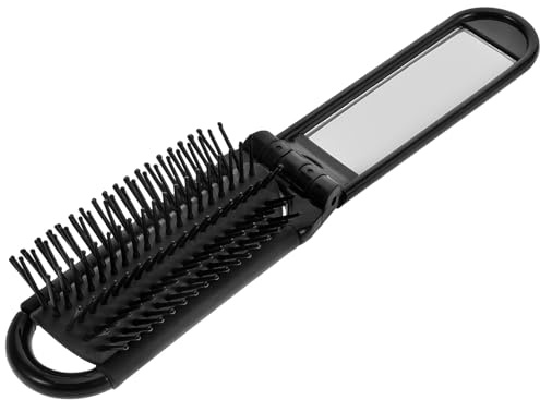 PHENOFICE Mini Foldable Hair Brush with Integrated Mirror, Portable Pocket Purse Brush for Travel and Makeup, Easy to Clean Plastic and Glass Design with Sleek Black Finish, Compact