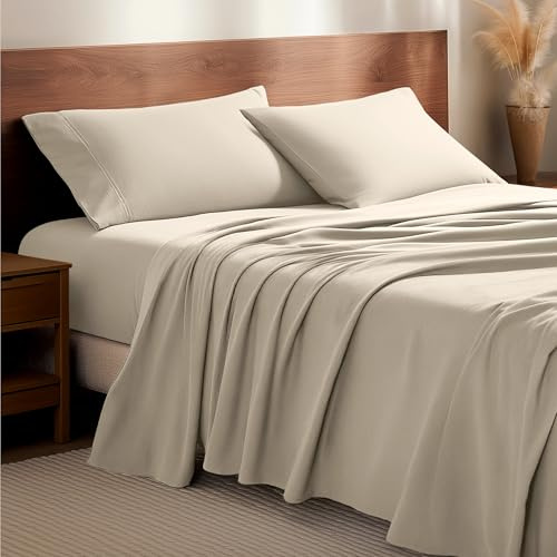 Bare Home Flannel Sheet Set 100% Cotton, Velvety Soft Heavyweight - Double Brushed Flannel - Deep Pocket (Queen, Sand)