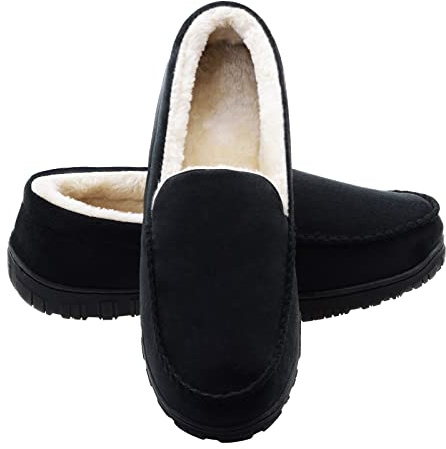 Lulex Mens Moccasin Slippers Plush Indoor Outdoor House Bedroom Shoes with Soft Memory Foam Black 11 M US