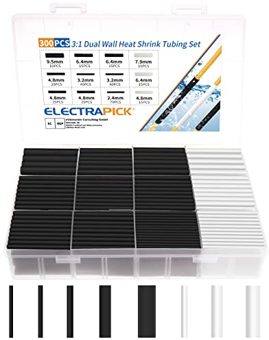 electrapick Heat Shrink Tube Set 300 Pieces Cable Repair Kit with Adhesive Shrink Ratio 3:1, Double-Walled Self-Adhesive Lined, 6 Sizes, 2 Colours (Black, White)