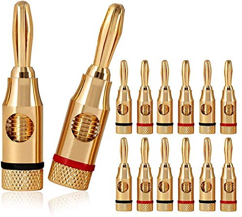 Gebildet 12pcs Clavija Banana,24K Oro Enchapado Bananas Altavoces Enchufe Adaptador para Altavoces,Jack de Audio(6pcs Rojo y 6pcs Negro)