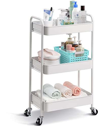KINGRACK 3-stufiger Metall-Küchenwagen mit Rollen – Servierwagen & Allzweckwagen für Küche, Bad, Büro – Schraubenlos, einfach montiert (Weiß)