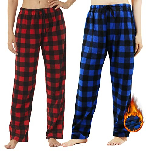 YUSHOW 2 Piezas Pantalon Pijama Mujer Largo Felpa a Cuadros Invierno Ropa de Dormir Pantalones Suaves Salón Ocio con y Cordón,Cuadros Rojos + Cuadros Azules (Paquete de 2),S