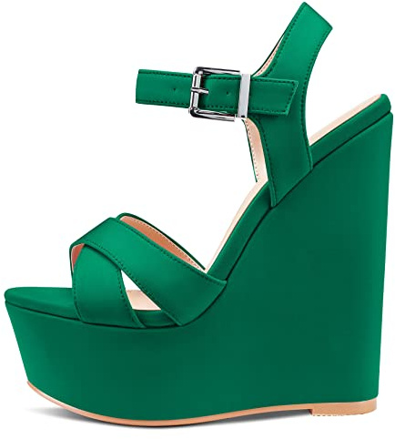 Castamere Femmes Haut High Compensé Plate-forme Talon Heel 15 CM Heels Ouvert Bout Sandales Lanières Cheville Boucle Sexy Dress Mariage Vert Satin 39 EU