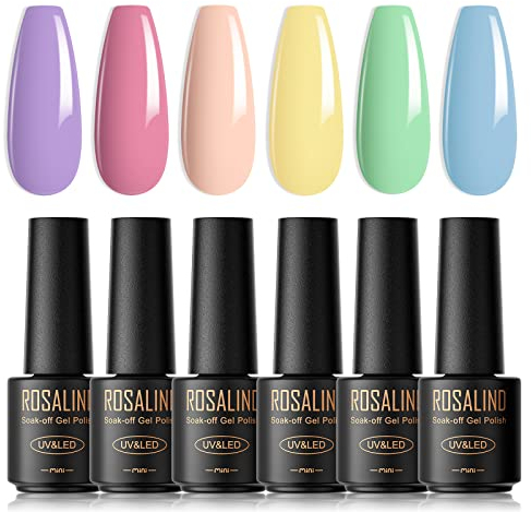 ROSALIND Smalto Semipermanente Pastello, 6 estate Colori Mini Macaron Viola Rosa Giallo Blu Verde Smalti Semipermanenti per Unghie Gel Soak Off UV/LED Kit Nail Polish