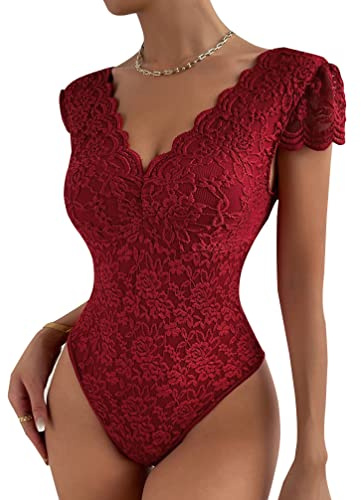 Minetom Femme Body Sexy Manche Courte Moulant Shirt Haut Top Combinaison Couleur Unie Dentelle Bodysuit Jumpsuit Clubwear B Vin Rouge L