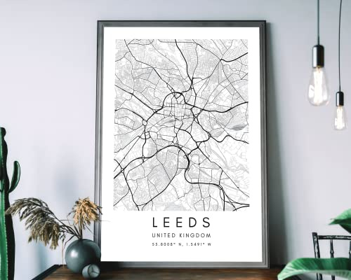 State Media Vision Leeds - Póster minimalista de mapa de la ciudad, coordenadas de la ciudad, decoración de sala de estar, dormitorio (ciudades del Reino Unido) (Leeds, A3 (42 cm x 29,7 cm)
