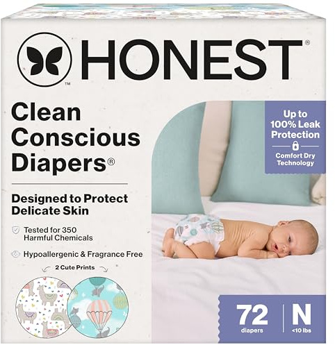 The Honest Company Comfort Dry Disposable Diapers for Sensitive Skin, Hypoallergenic, Above It All + All The Alpacas, Club Box Size Newborn 72 Count