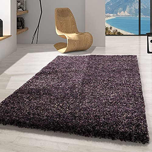 Carpetsale24 Hochflor Teppich 140x200 cm Lila – Shaggy Teppich, Flauschig, Meliert & Pflegeleicht, Jute-Rücken – Wohn- & Schlafzimmer geeignet