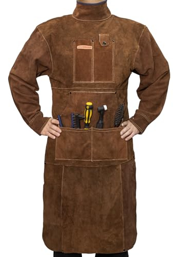 YESWELDER Leather Welding Apron with Sleeve and 6 Pockets, Heat Flame Resistant Cowhide Welder Apron, Brown, Small