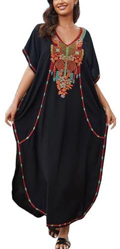 LikeJump Femmes Bohème Broderie Caftan Maxi Bikini Couverture Ups Été Robe de Plage