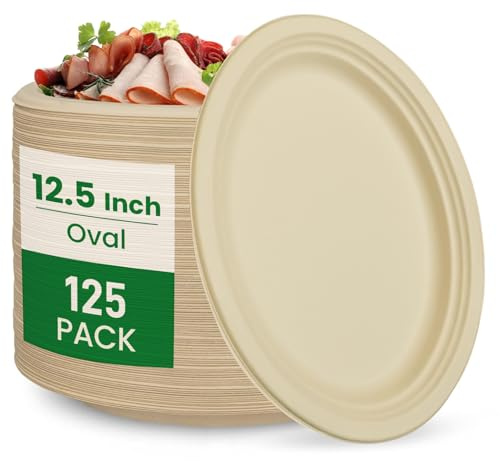 biocean 12.5 Inch Compostable Oval Plates [125-Value Pack] - Sustainable and Heavy-Duty Compostable Paper Plates, Natural Sugarcane Bagasse Biodegradable Plate, Natural Brown