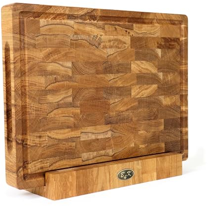B4K® Schneidebrett mit Ständer aus Eiche Stirnholz 40 × 30 × 4 cm – Massiver Hackblock | Antibakterielles Hirnholzbrett mit Griffen, Saftrille & Silikonfüßen | Perfekt für Küche, Fleisch & BBQ