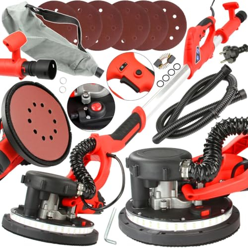 Lijadora de jirafa | con luz LED | 0,75 kW | Ajuste de velocidad | 6 discos Ø22,5 cm | Grano P-80-P240 | Aspiración del polvo | Barra ajustable 150-220 cm | para paneles de yeso pared