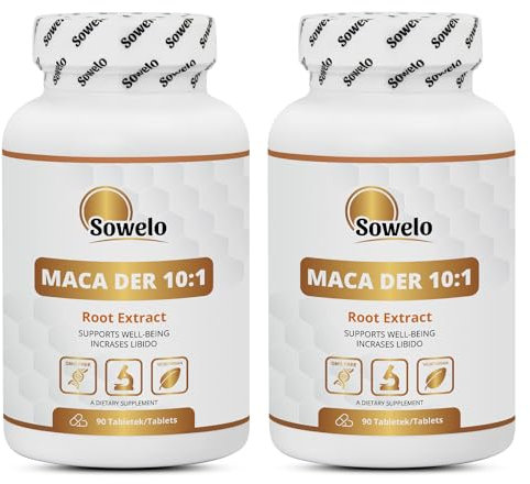 Sowelo - Maca 10:1, Maca Wurzel Extrakt, 90 Tabletten, Hochdosiert, Vitamine B3 und B6, Vitamin C, Zink, Kalzium, Nahrungsergänzungsmittel (2-Pack)