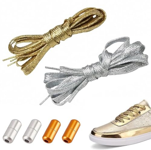 EORPAVU Cordones de zapatos,2 pares Cordones para zapatos deportivos con cordones planos para hombres y mujeres de seda con brillo metálico plateado brillante dorado